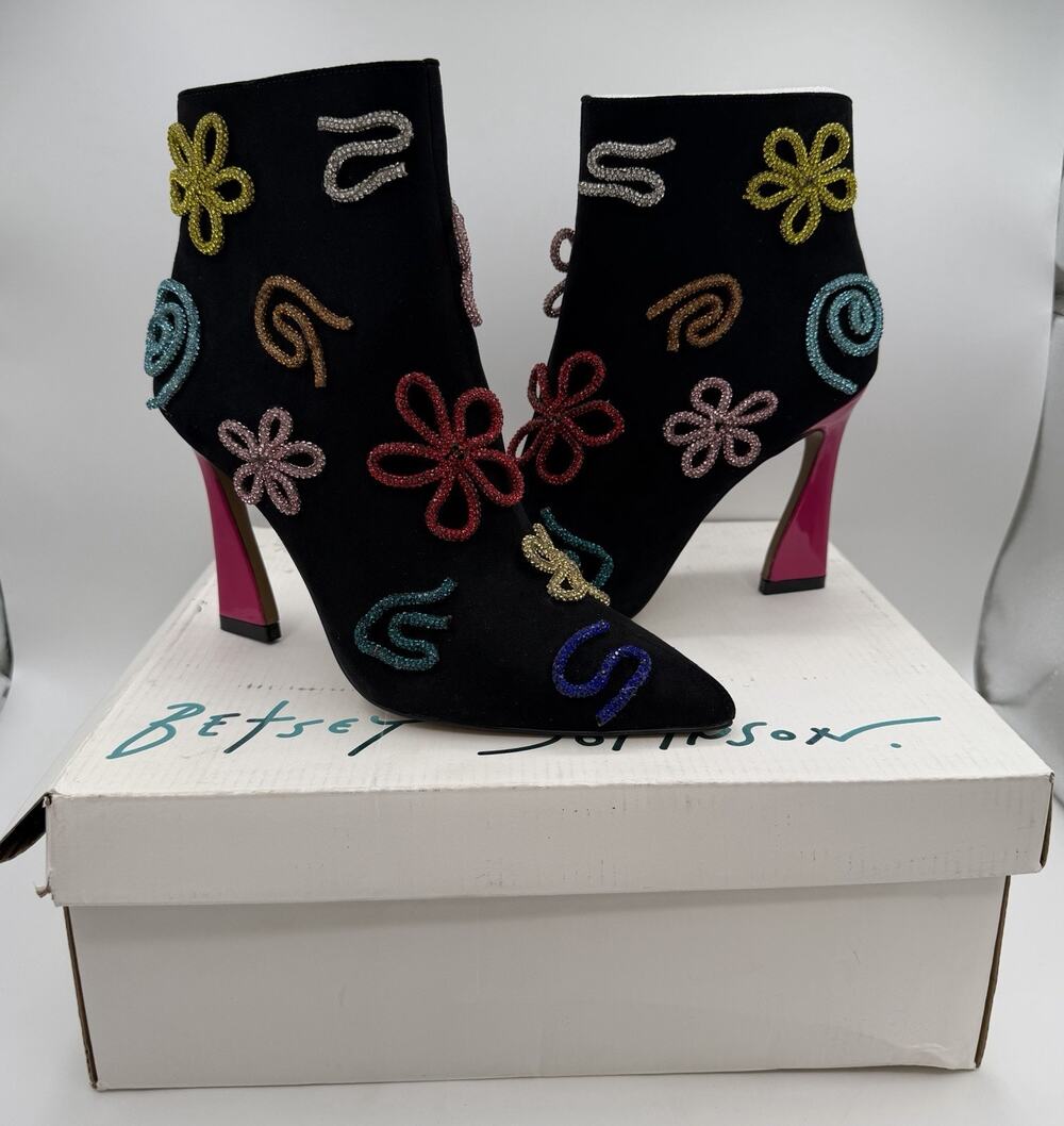 Betsey Johnson Sylvia Dress Heel Boots Sz 8 Black Suede Color Rhinestone Swirls